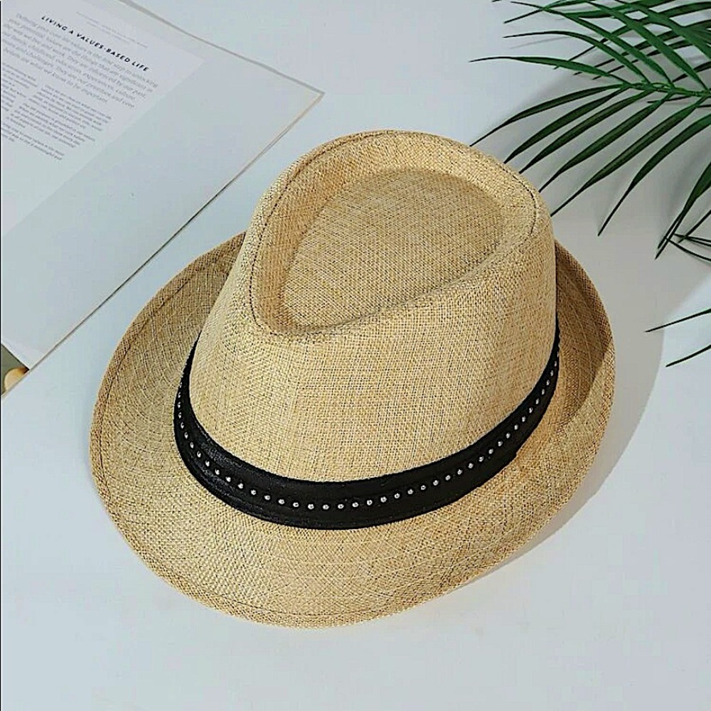 FEDORA STRAW BELTED STUD MINIMALIST HAT - Picture 2 of 4